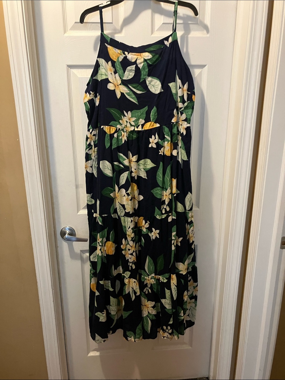 Old Navy Navy Maxi Dress with Green Leaves and Yellow Blooms